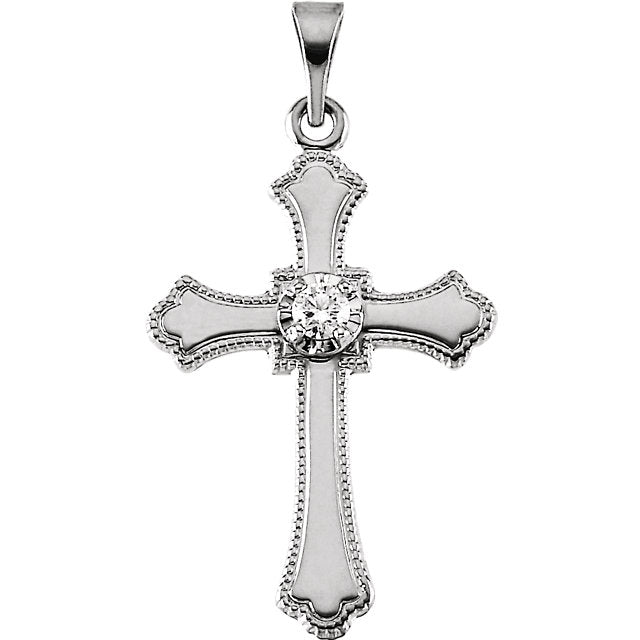 Simple Illusion Top Diamond Solitaire Cross With Beaded Edge Solid 14 Karat White Gold