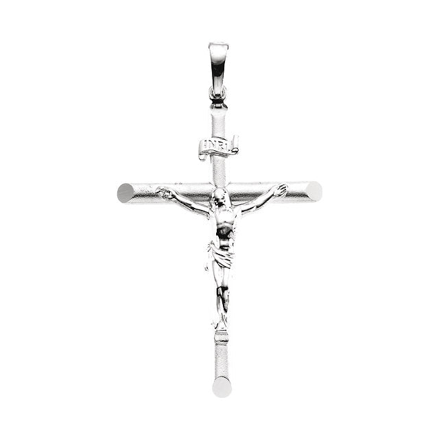 Round INRI Crucifix Cross Pendant in Solid 14 Karat White Gold