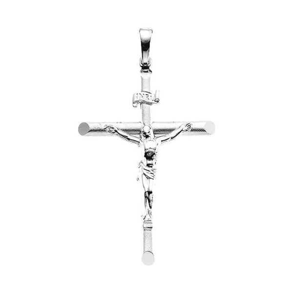 Round INRI Crucifix Cross Pendant in Solid 14 Karat White Gold