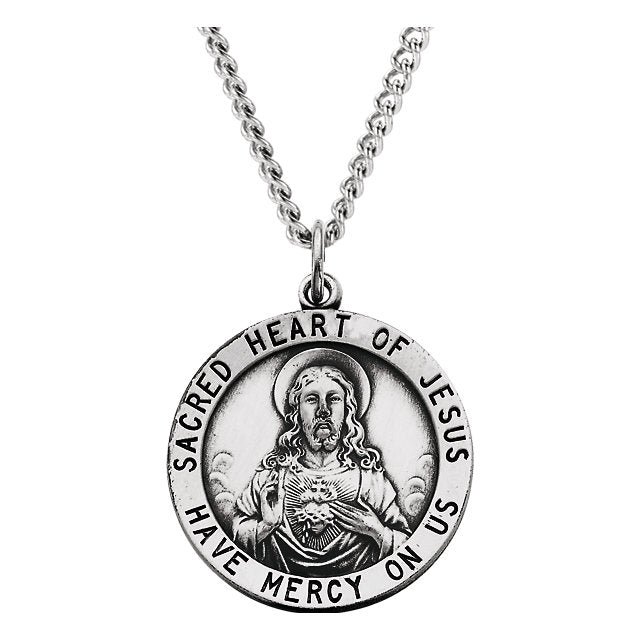 Sacred Heart of Jesus Round Medal Pendant in Sterling Silver with Chai ...