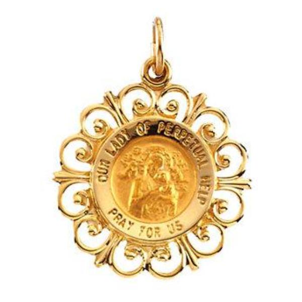 Our Lady of Perpetual Help Round Medal Fleur De Lis Pendant in 14 Karat Yellow Gold