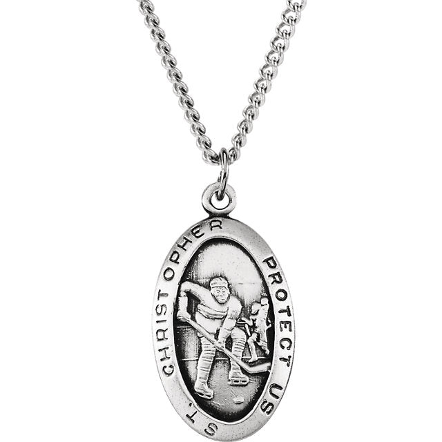 Saint Christopher Hockey Necklace Medal in Solid Sterling Silver 24 x 15 MM