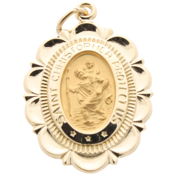 Saint Christopher Ribbon Pendant in Solid 14 Karat Yellow Gold Protect Us Medal 25 x 18 MM