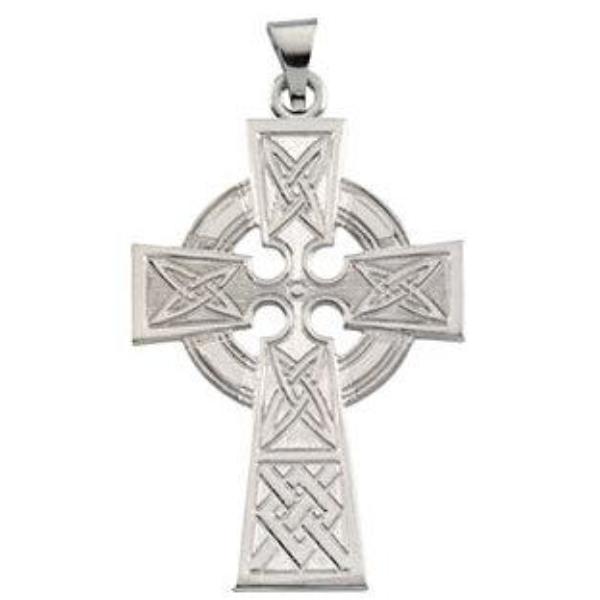 Luminous Celtic Cross Pendant in Solid 14 Karat White Gold 33 X 23 MM
