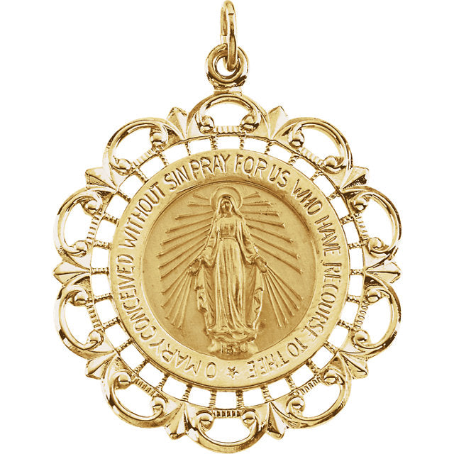 Fleur-de-Lis Round Miraculous Pendant in Solid 14 Karat Yellow Gold