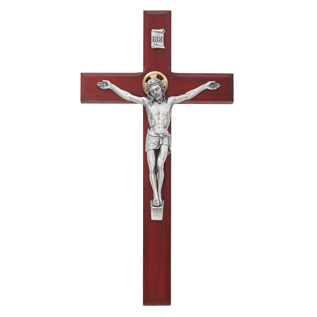 Beveled Cherry Wood Wall Crucifix Silver Color Corpis Gold Color Halo 8 Inch