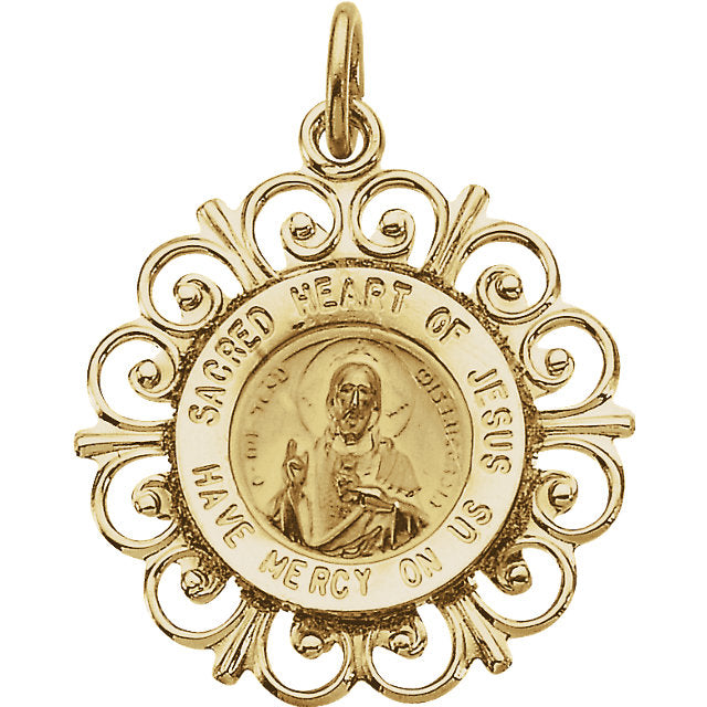 Sacred Heart of Jesus Round Medal Fleur De Lis Pendant in 14 Karat Yellow Gold 18 MM
