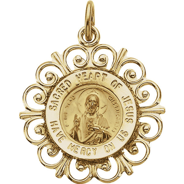 Sacred Heart of Jesus Round Medal Fleur De Lis Pendant in 14 Karat Yellow Gold 18 MM