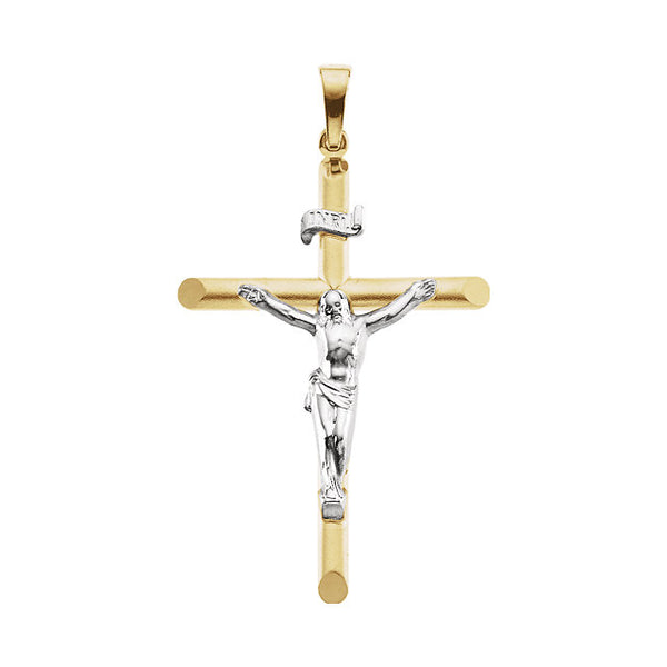 Two Tone Round INRI Crucifix Pendant in Solid 14 Karat Gold