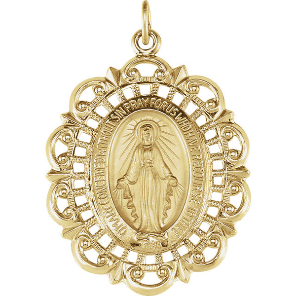 Oval Fancy Miraculous Medal Pendant in Solid 14 Karat Yellow Gold