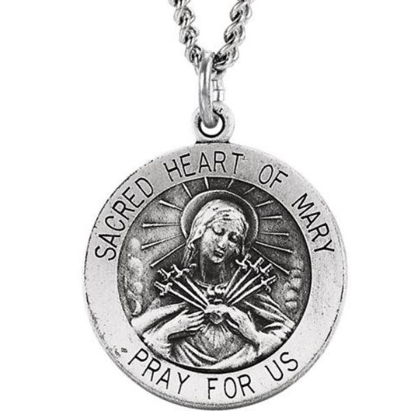 Sacred Heart of Mary Round Medal Pendant in Sterling Silver with Chain 18 MM