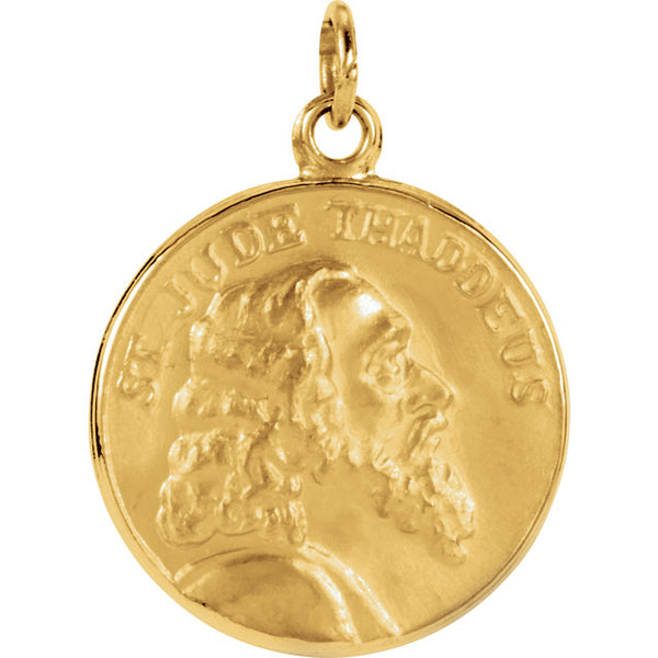 Round Saint Jude Medal in Solid 14 Karat Yellow Gold Close Up 18 MM
