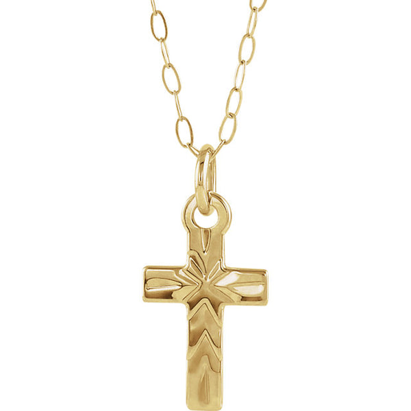 Youth Sunburst Design Cross Pendant in 14 Karat Yellow Gold