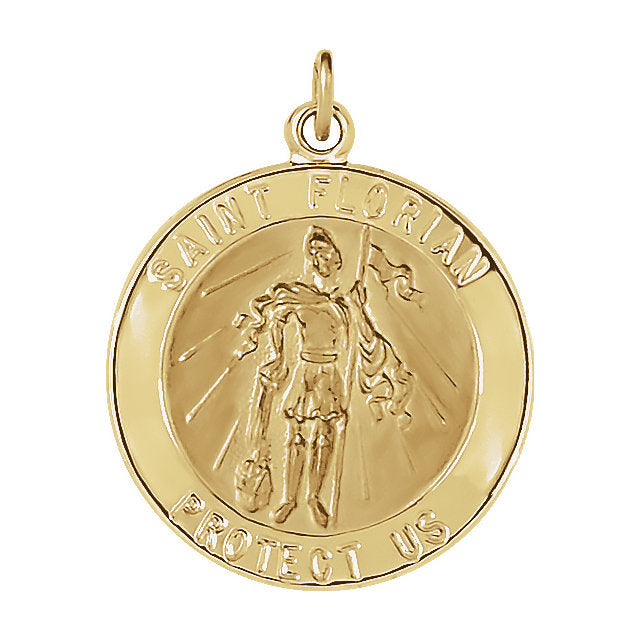 Round St Florian Pendant in Solid 14 Karat Yellow Gold Protect Us Medal