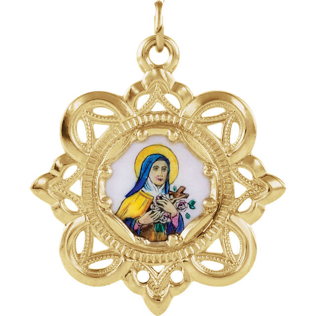 Elegant Saint Theresa Crown Enamel Pendant in Solid 10 Karat Yellow Gold 25 MM