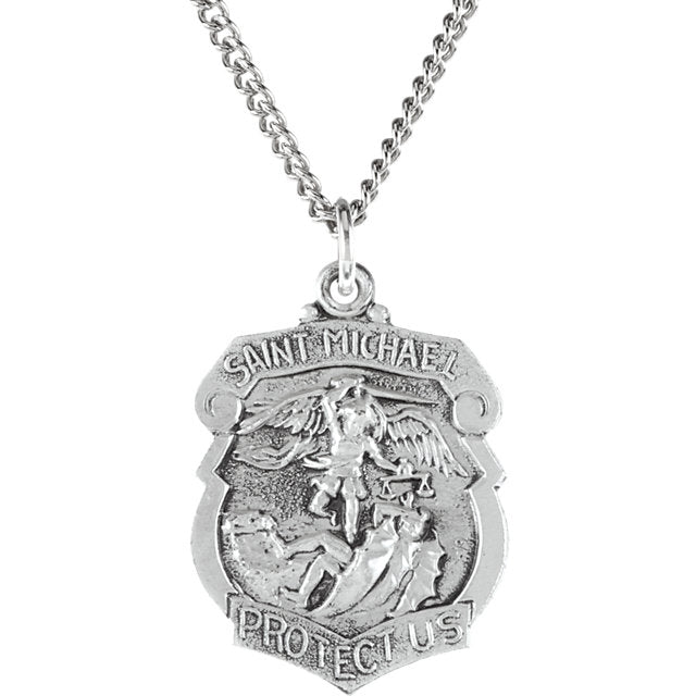 Saint Michael Shield Badge Necklace in Solid Sterling Silver Protect Us Medal