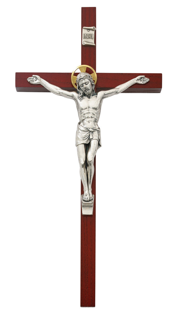 Cherry Wall Crucifix Cross With Silver Corpus And Gold Halo 10 Inch