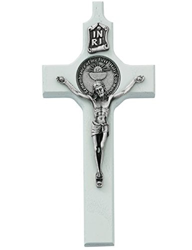 White Wood Communion Crucifix Cross With Silver Corpus And INRI 6 Inches
