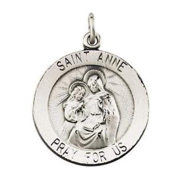 St. Anne Round Medal Pendant in Sterling Silver with Chain