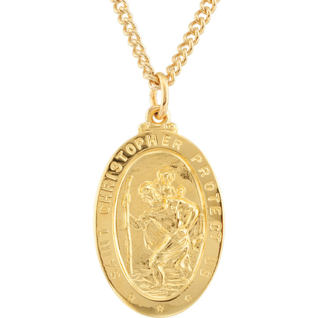 St Christopher 24 Karat Yellow Gold Plated Oval Necklace With Chain 29 X 18 MM