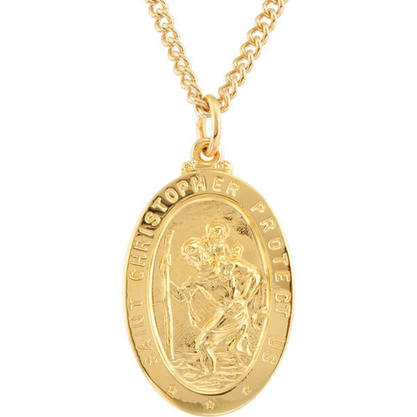 St Christopher 24 Karat Yellow Gold Plated Oval Necklace With Chain 29 X 18 MM
