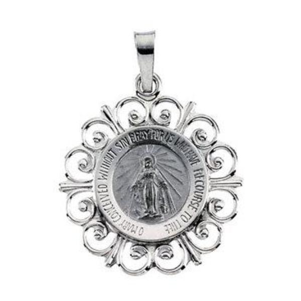Fleur-de-Lis Round Miraculous Pendant in Solid 14 Karat White Gold 20 X 18 MM
