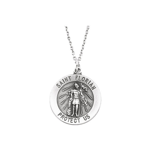 Round Saint Florian Necklace in Solid Sterling Silver Protect Us Medal