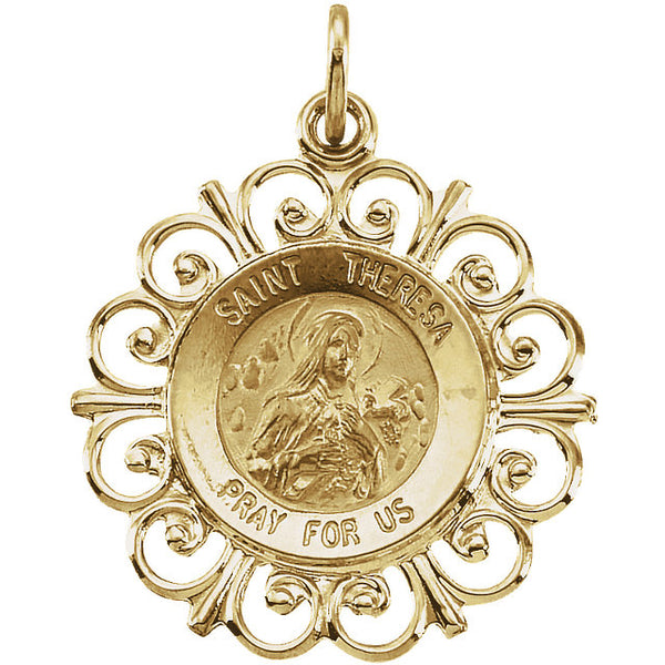 Radiant Saint Theresa Fleur-De-Lis Pendant in Solid 14 Karat Yellow Gold Pray For Us Medal 20 X 18 MM
