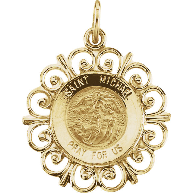 Saint Michael Fleur-de-lis Pendant in Solid 14 Karat Yellow Gold Pray for Us Medal 18 MM