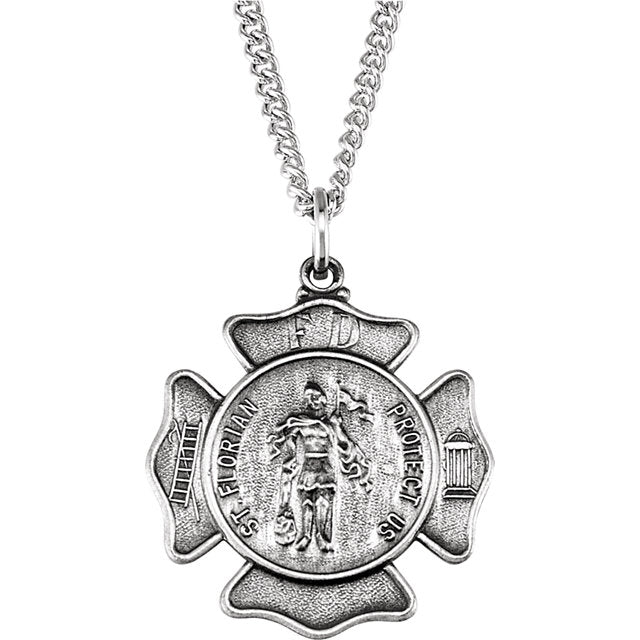 Round Saint Florian Fire Fighter Necklace in Solid Sterling Silver Protect Us Medal 25.00 MM
