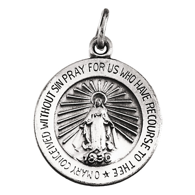Round Miraculous Medal Pendant in Solid 14 Karat White Gold