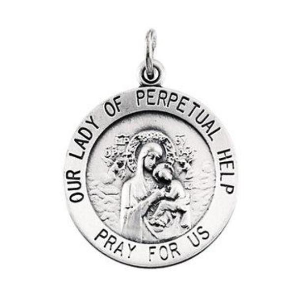 Our Lady of Perpetual Help Round Medal Pendant in Sterling Silver with Chain