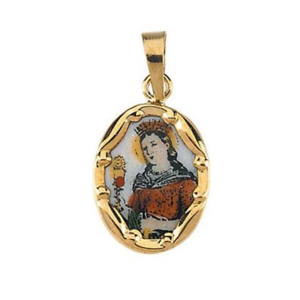 St Barbara 14kt Gold Hand Painted Porcelain Medal