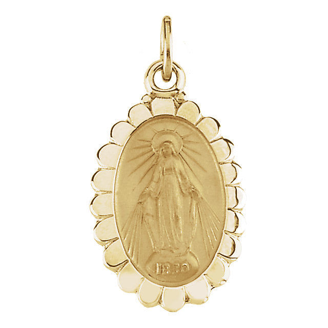 Miraculous Medal Flower Pendant in Solid 14 Karat Yellow Gold 17 X 11 MM
