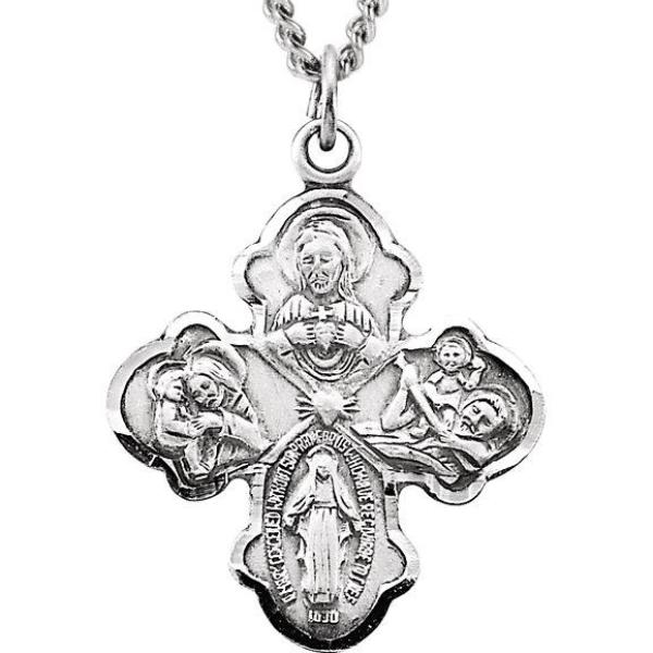 Four Way Catholic Medal With Chain Sterling Silver