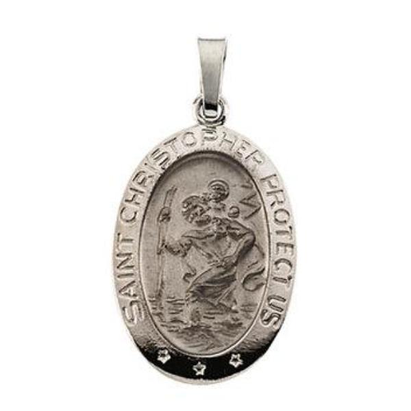 Saint Christopher Oval Pendant in Solid White Gold Protect Us Medal