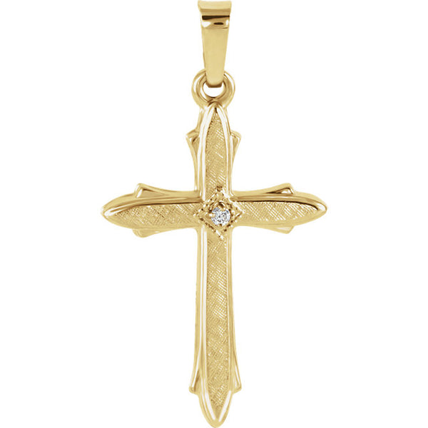 Accented Fitchee Round Diamond Solitaire Hollow Cross in 14 Karat Yellow Gold