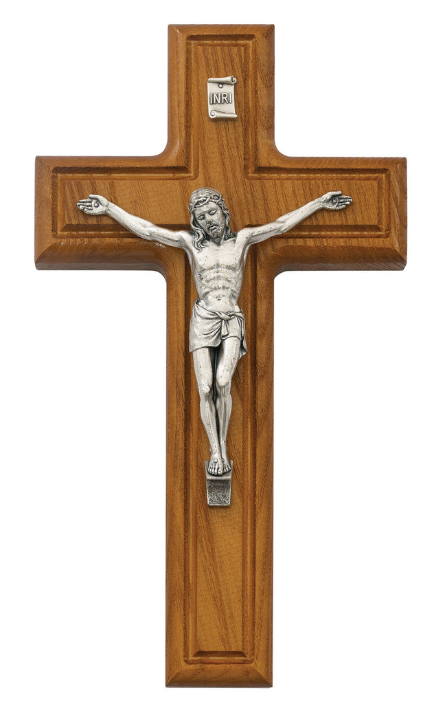 Thick Wall Cross Crucifix in Walnut Wood With Silver Color Corpis And INRI 10 Inch