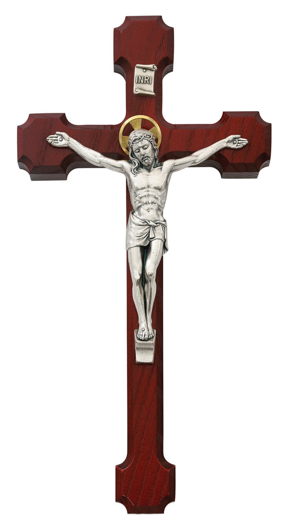 Cherry Wood Wall Cross Crucifix With Gold Color Halo Metal Corpis And INRI 10 Inch