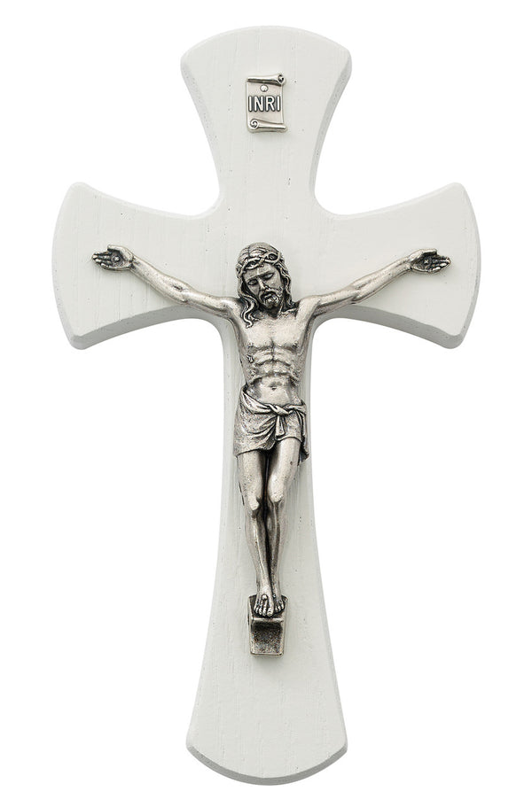 White Painted Wall Crucifix Cross With Silver Color Corpis And INRI 7 Inch