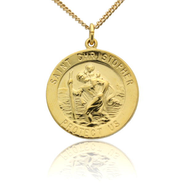 St. Christopher 24 Karat Yellow Gold Plated Round Necklace With Chain 25.00 MM