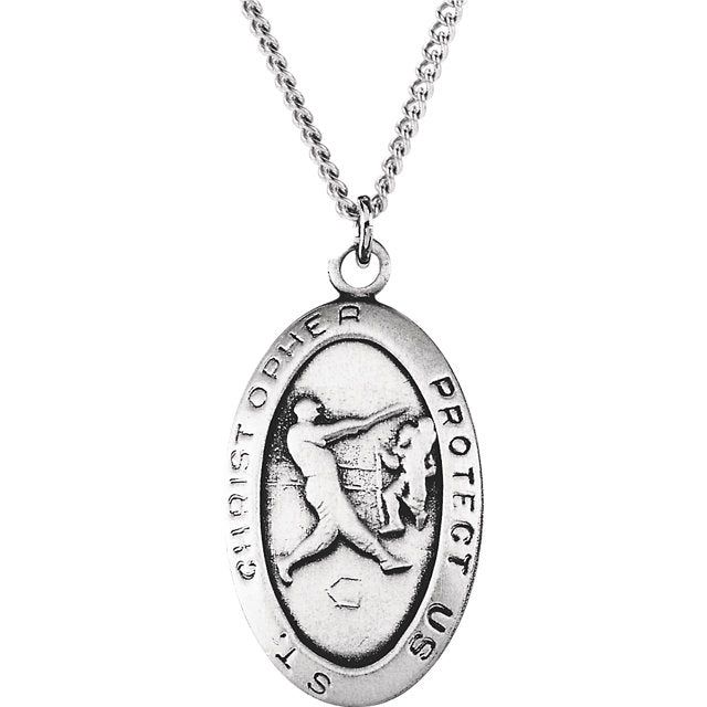 Saint Christopher Baseball Necklace Medal in Solid Sterling Silver 24 x 15 MM