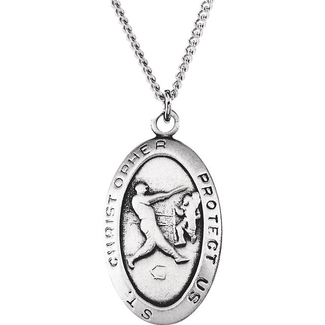 Oval Saint Christopher Blue Enamel Solid Sterling Silver Protect US Necklace 26.00x20.00 mm