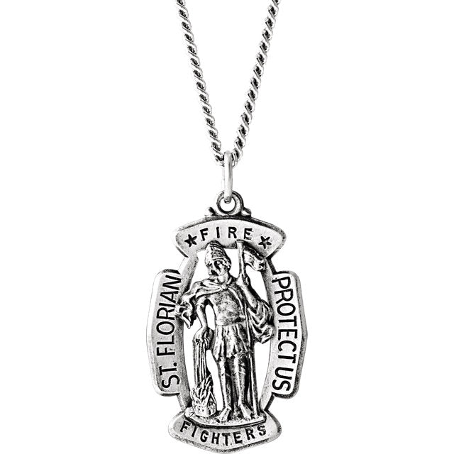 Oval Saint Florian Fire Fighter Necklace in Solid Sterling Silver Protect Us Medal 30.00x20.00 MM