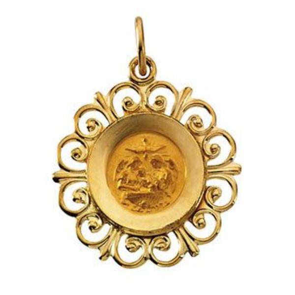 Round Fluer-De-Lis Baptismal Medal Pendant in Solid 14 Karat Yellow Gold 18 MM