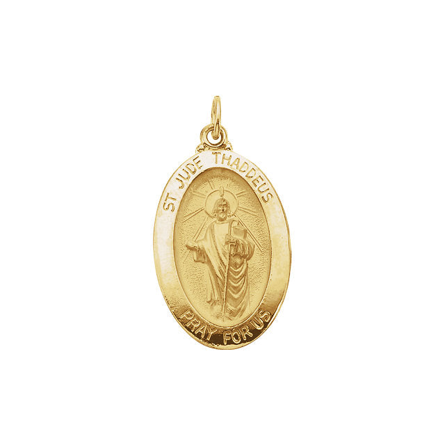 Saint Jude Elegant Oval Pendant in Solid 14 Karat Yellow Gold Pray for Us Medal