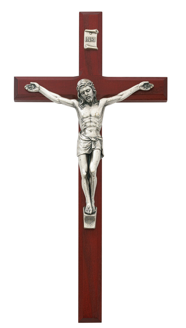 Cherry Wood Crucifix Wall Cross With Silver Color Corpis And INRI 10 Inch