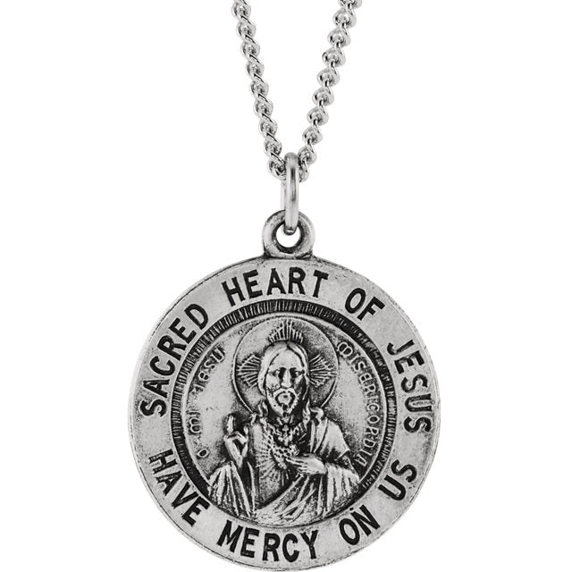 Sacred Heart of Jesus Round Medal Pendant in Sterling Silver with Chain