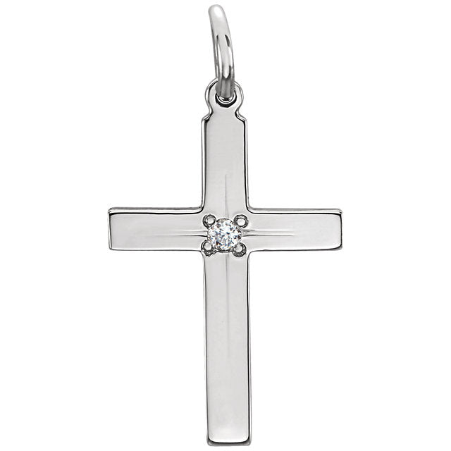 Flush Mount Single Diamond Flat Cross in Solid 14 Karat White Gold