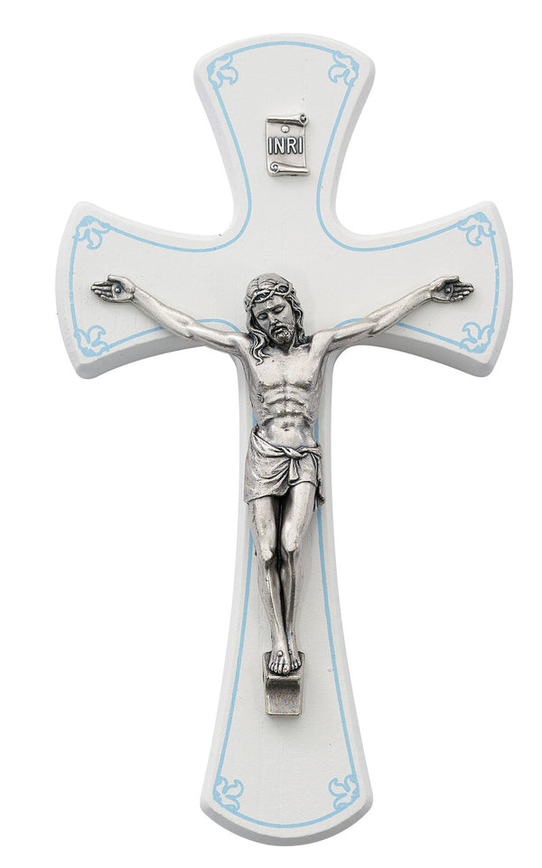 Baptism White Wall Crucifix Cross With Silver Color Corpus Blue Accent 7 Inch